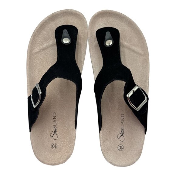 Womens Black Cork Sole Sandals With Adjustable Buckle & Toe Strap - Picture 2 of 8